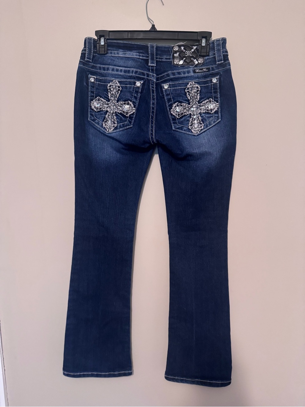 Miss Me Dark Blue Boot Cut Jeans with Sequin Cross Pockets